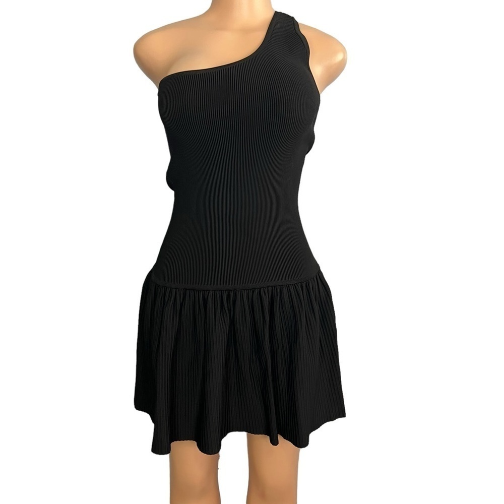 BCBGMAXAZRIA One Shoulder Fit And Flare Dress Ribbed Black